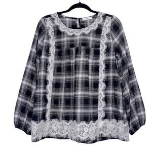 Anthropologie Entro Plaid Lace Cotton Oversized Boxy Long Sleeve Shirt Medium